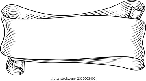 A banner scroll in a vintage woodcut engraved etching style.