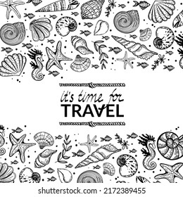 Banner with sea creatures on white background. Design for tourist business advertising, for seafood grocery stores. Shells, fish, clams and algae. Hand-drawn doodles in sketch style.