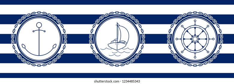 Banner with Sea Emblems on Seamless Striped Marine Background, Anchor and Sailboat and Ships Wheel , Vector Illustration