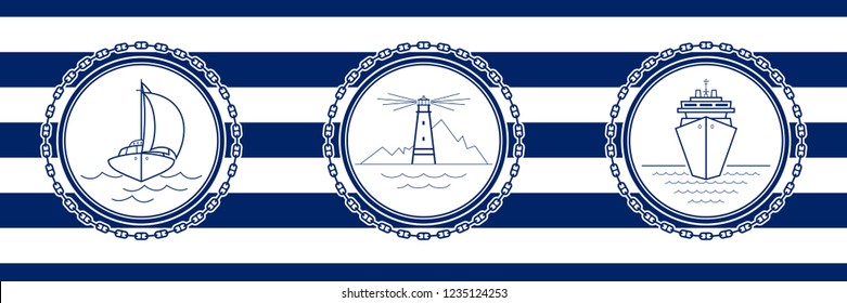 Banner with Sea Emblems on Seamless Striped Marine Background, Sailboat and Lighthouse and Cruise Ship , Vector Illustration