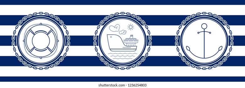 Banner with Sea Emblems on Seamless Striped Marine Background, Anchor and Ship and Lifebuoy , Vector Illustration