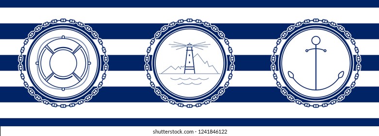 Banner with Sea Emblems on Seamless Striped Marine Background, Anchor and Lighthouse and Lifebuoy , Vector Illustration