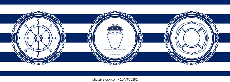 Banner with Sea Emblems on Seamless Striped Marine Background, Ship's Wheel and Cruise Ship and Lifebuoy , Vector Illustration