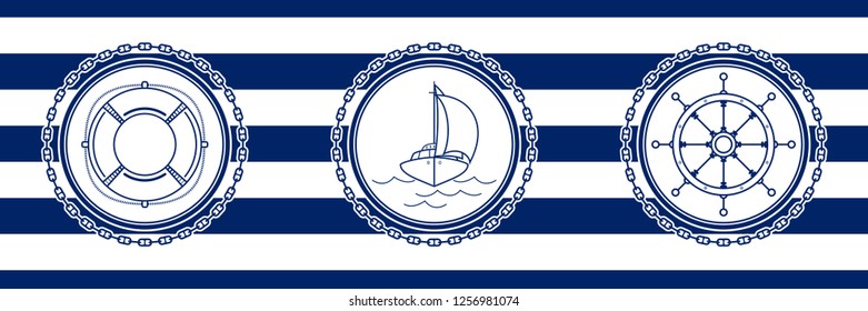 Banner with Sea Emblems on Seamless Striped Marine Background, Lifebuoy and Sailboat and Ship's Wheel , Vector Illustration