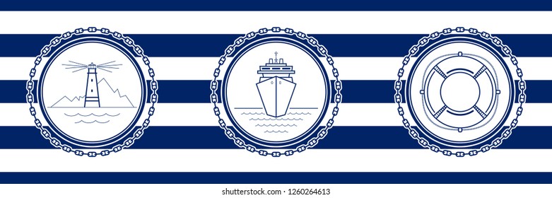 Banner with Sea Emblems on Seamless Striped Marine Background, Lighthouse and Cruise Ship and Lifebuoy , Vector Illustration