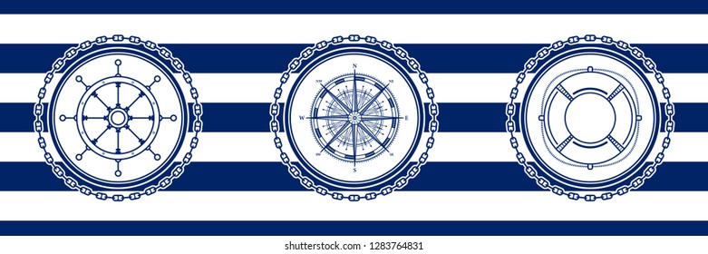 Banner with Sea Emblems on Seamless Striped Marine Background, Ship's Wheel and Compass Rose and Lifebuoy , Vector Illustration