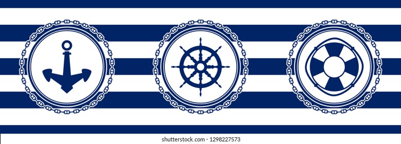 Banner with Sea Emblems on Seamless Striped Marine Background, Anchor and Ship's Wheel and Lifebuoy , Vector Illustration
