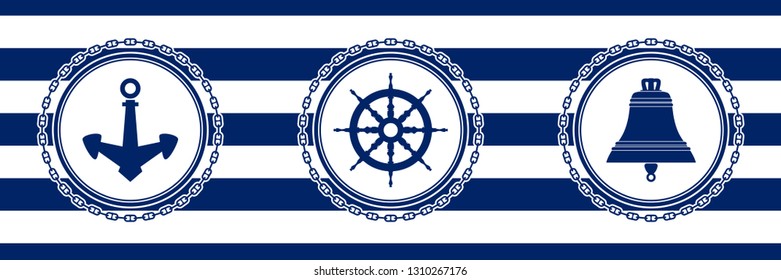 Banner with Sea Emblems on Seamless Striped Marine Background, Anchor and Ship's Wheel and Ship Bell , Vector Illustration