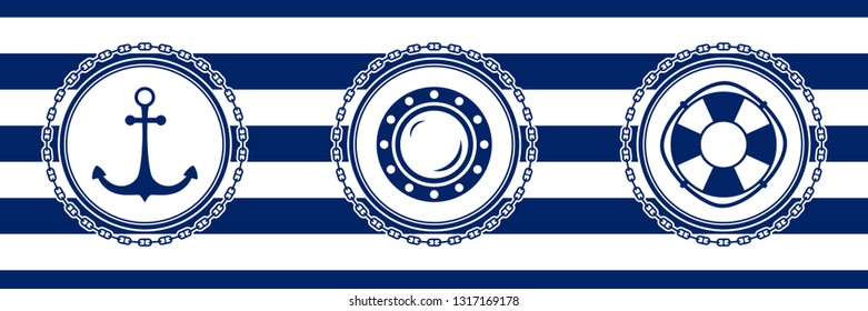 Banner with Sea Emblems on Seamless Striped Marine Background, Anchor and Porthole and Lifebuoy , Vector Illustration
