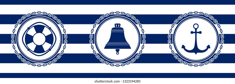 Banner with Sea Emblems on Seamless Striped Marine Background, Lifebuoy and Ship Bell and Anchor , Vector Illustration