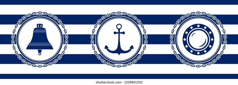 Banner with Sea Emblems on Seamless Striped Marine Background, Ship Bell and Anchor and Porthole , Vector Illustration