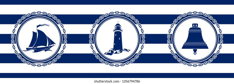 Banner with Sea Emblems on Seamless Striped Marine Background, Sailing Vessel and Lighthouse and Ship Bell , Vector Illustration