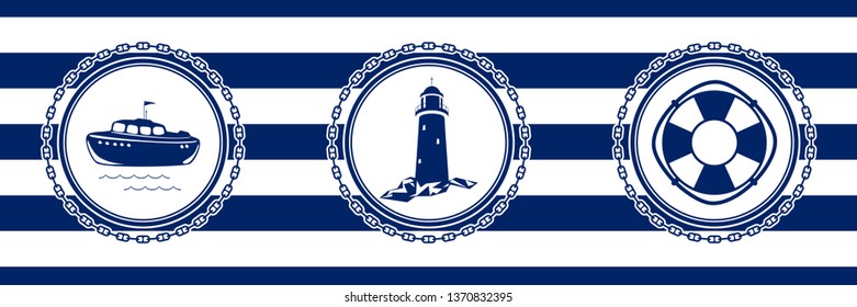 Banner with Sea Emblems on Seamless Striped Marine Background, Boat and Lighthouse and Lifebuoy , Vector Illustration