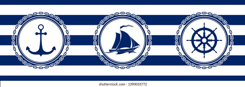 Banner with Sea Emblems on Seamless Striped Marine Background, Anchor and Sailing Vessel and Ship's Wheel , Vector Illustration