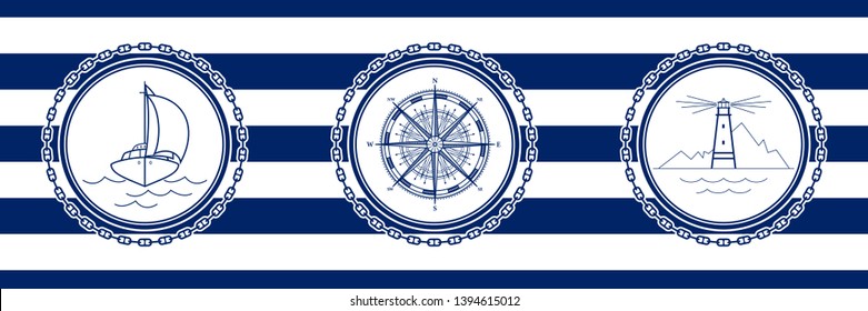 Banner with Sea Emblems on Seamless Striped Marine Background, Sailboat and Compass Rose and Lighthouse , Vector Illustration