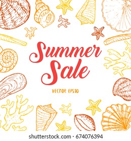 Banner with sea life elements and sign Summer SALE. Sea shell hand drawn collection with coral, sea star and shells in different forms. Vector stock illustration. 