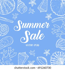 Banner with sea life elements and sign Summer SALE. Sea shell hand drawn collection with coral, sea star and shells in different forms. Vector stock illustration. 