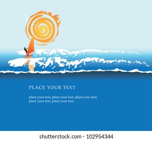 banner with sea, sun and surfer