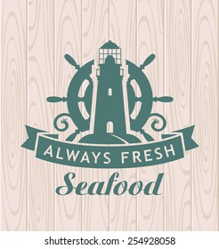 banner for seafood with a lighthouse and a steering wheel