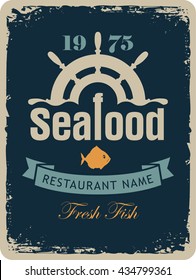 banner for the seafood restaurant with a ship helm and fish in a retro style