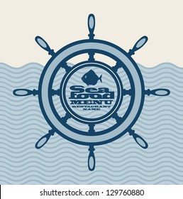 banner for seafood with the ship wheel and fish
