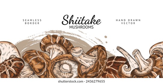 Banner con borde transparente de setas shiitake en formato vectorial y con área de texto. Ideal para textos sobre artes culinarias vegetarianas y asiáticas con un enfoque orgánico.