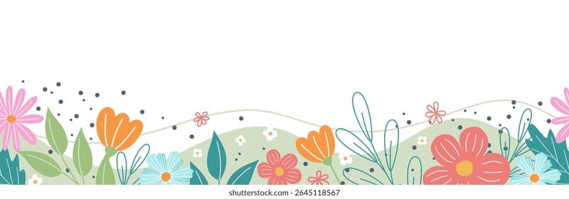 banner seamless horizontal with doodle style flowers on the bottom edge
