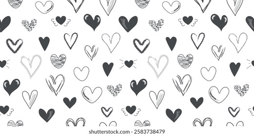 Banner with Seamless Pattern with Hand Drawn Hearts. Black and white doodle illustration. Vector