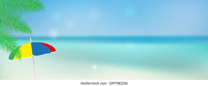 Banner seaside view with palm leaves and beach. Summer holidays. Vector illustration.