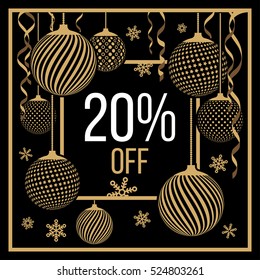 Banner for seasonal discounts, exclusive Christmas decorations, balls, snowflakes, serpentine, christmas flat  design vector.