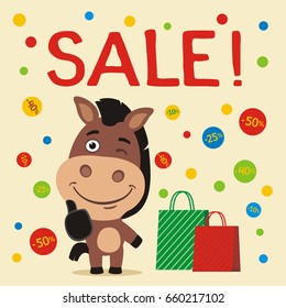 Banner seasonal sale. Funny horse with shopping, falling confetti discounts.