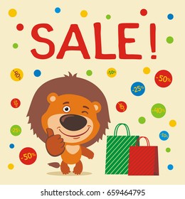 Banner seasonal sale. Funny lion with shopping, falling confetti discounts.