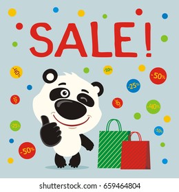 Banner seasonal sale. Funny panda bear with shopping, falling confetti discounts.