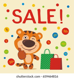 Banner seasonal sale. Funny tiger with shopping, falling confetti discounts.