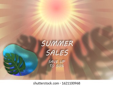 Banner for seasonal summer sale. Sun, rays, monstera leaf, shadow, abstract sea. Vector illustration for your design.