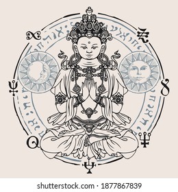 Banner with a seated Buddha meditating in the lotus position. Decorative vector illustration of hand-drawn Buddha, Sun and Moon inside a circle with buddhist symbols. Awakened and Enlightened