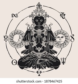 Banner with a seated Buddha meditating in the lotus position. Vector illustration of hand-drawn Buddha, Sun and Moon inside a circle in retro style. Suitable for greeting card, medallion, amulet