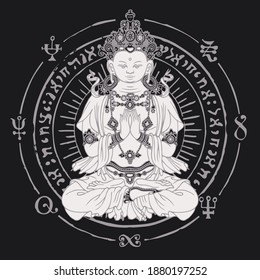 Banner with a seated Buddha meditating in the lotus pose. Vector illustration of hand-drawn Buddha and circle with buddhist signs on the black background. Suitable for greeting card, medallion, amulet