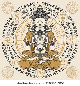 Banner with a seated Buddha meditating in the lotus pose. Vector illustration of hand-drawn Buddha and circle with buddhist signs. Suitable for greeting card, medallion, amulet