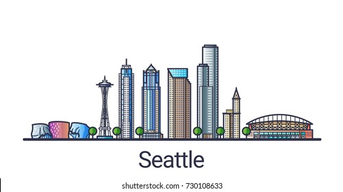 Banner of Seattle city in flat line trendy style. Seattle city line art. All buildings separated and customizable.