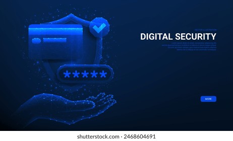 Banner with secure online payments. Vector illustration with hand showing polygonal shield, credit card, tick icon and password. Online payment protection, password security, smart secure shopping.