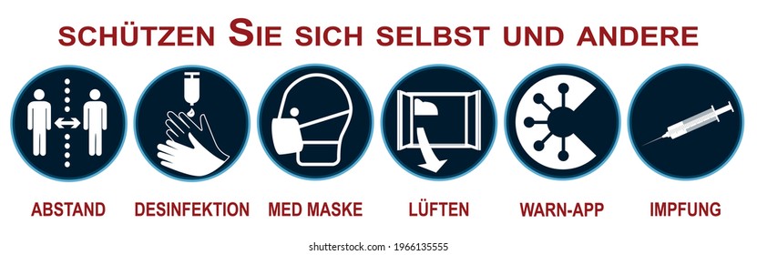 Banner with security measures to protect against Covid-19. With German text (protect yourself and others. Distance, disinfection, medical mask, ventilation, warning app, vaccination. Vector