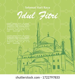 Banner of Selamat hari raya idul fitri Transalation Happy Eid, the celebration of islamic day after fully fasting at ramadan month. Vector Illustration for greeting card, poster and banner.