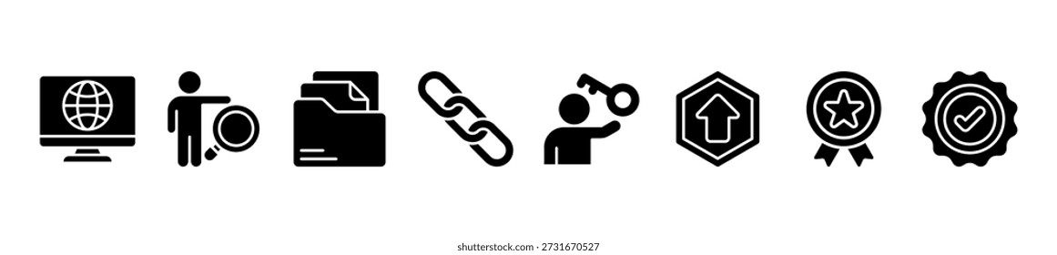Banner SEO search engine optimization concept. Keywords and pictogram
