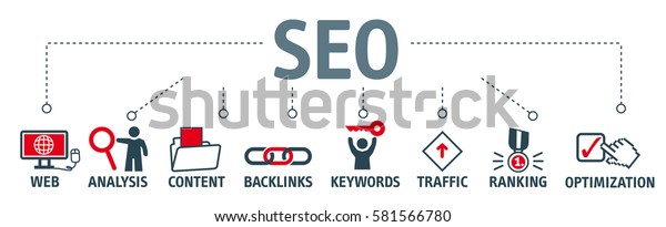 Banner SEO search engine optimization concept. Keywords and pictogram