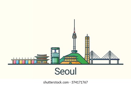 Banner of Seoul in flat line trendy style. All buildings separated and customizable. Line art.