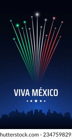 Banner september 16 mexico independence day, mexican fireworks on dark sky background. Fireworks, flag. National holiday september 16th. Independence day card. Vector. Translation Long live Mexico