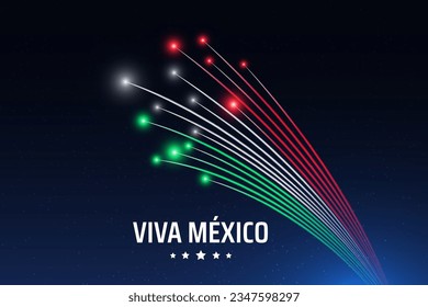 Banner september 16 mexico independence day, mexican fireworks on dark sky background. Fireworks, flag. National holiday september 16th. Independence day card. Vector. Translation Long live Mexico