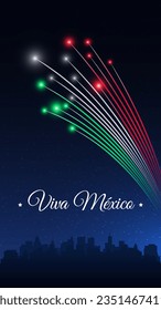 Banner september 16 mexico independence day, mexican fireworks on dark sky background. Fireworks, flag. National holiday september 16th. Independence day card. Vector. Translation Long live Mexico