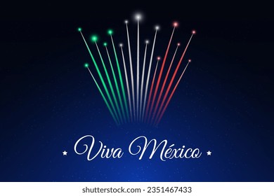 Banner september 16 mexico independence day, mexican fireworks on dark sky background. Fireworks, flag. National holiday september 16th. Independence day card. Vector. Translation Long live Mexico